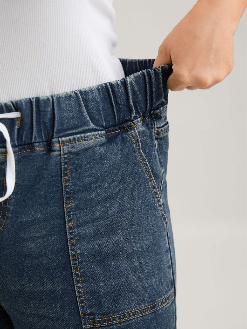 Drawstring Elastic Waist Roll Hem Jeans