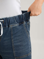 Drawstring Elastic Waist Roll Hem Jeans