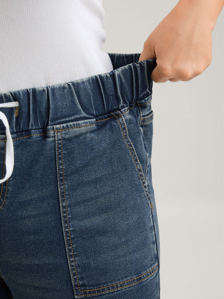 Drawstring Elastic Waist Roll Hem Jeans
