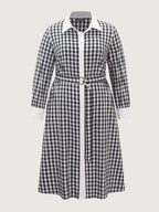 Checkered Pattern Color Contrast Shirt Midi Dress