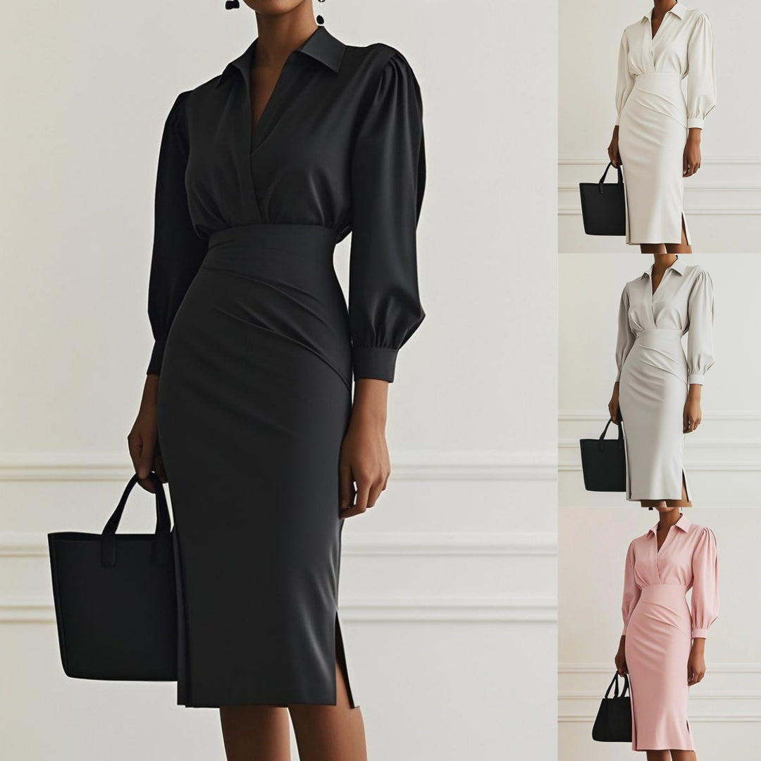 Ashley | Solid Ruched Long Sleeve Midi Dress