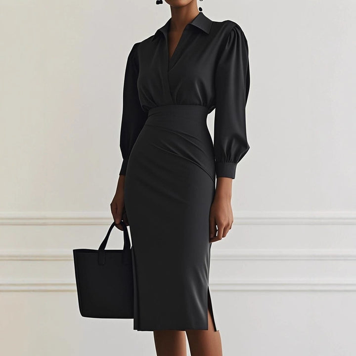 Ashley | Solid Ruched Long Sleeve Midi Dress