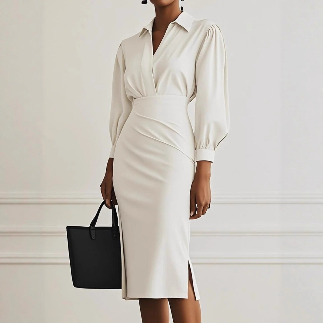 Ashley | Solid Ruched Long Sleeve Midi Dress