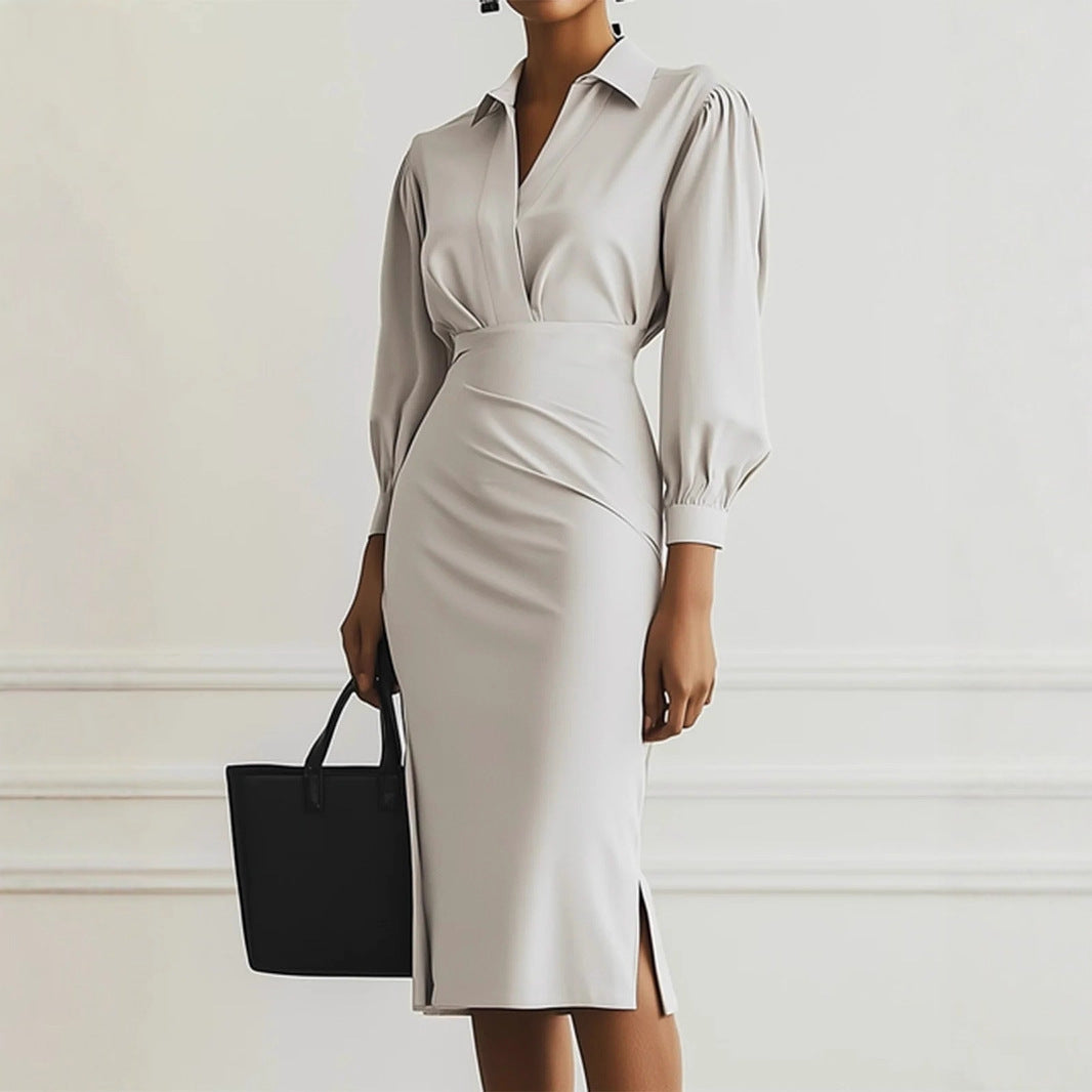 Ashley | Solid Ruched Long Sleeve Midi Dress