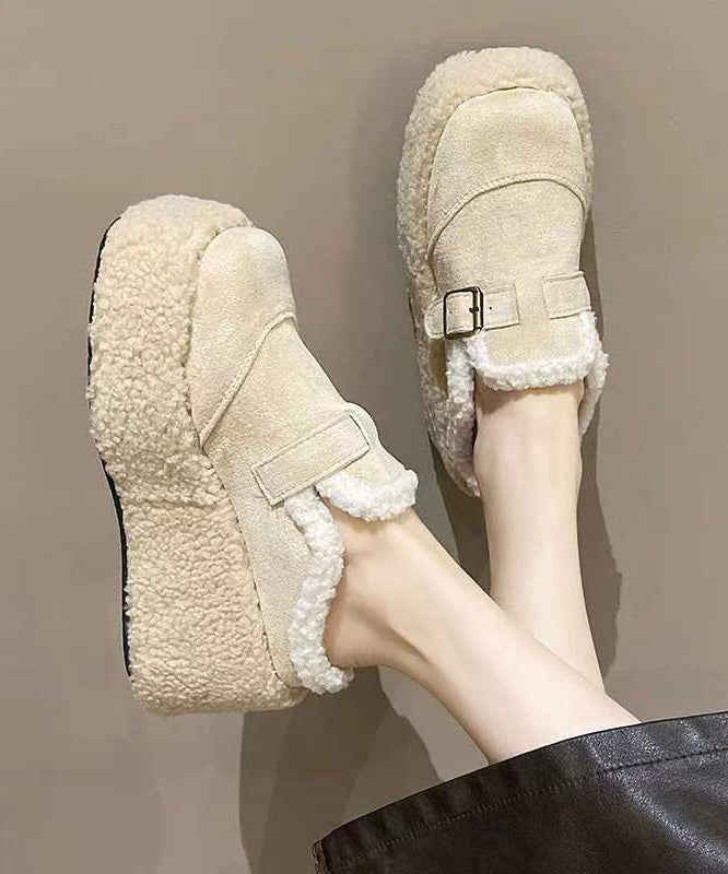 Beige Fuzzy Wool Lined Shoes Platform Wedge Shoes