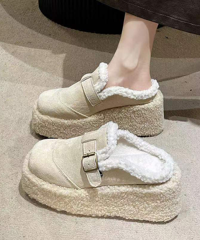 Beige Fuzzy Wool Lined Shoes Platform Wedge Shoes