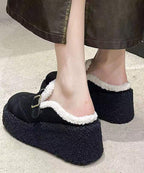 Beige Fuzzy Wool Lined Shoes Platform Wedge Shoes