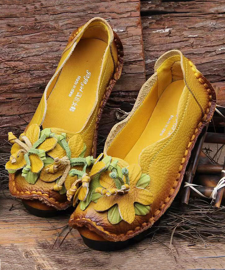 Boho Retro Splicing Flats Yellow Faux Leather Floral soolinen shoes-2025