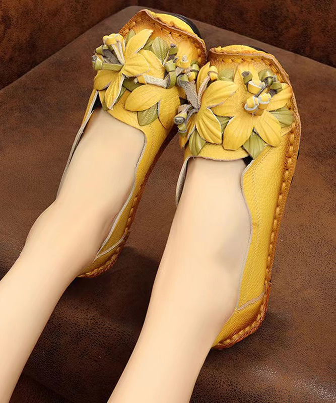 Boho Retro Splicing Flats Yellow Faux Leather Floral soolinen shoes-2025