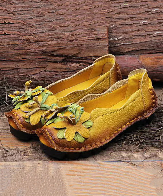 Boho Retro Splicing Flats Yellow Faux Leather Floral soolinen shoes-2025