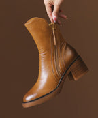 Brown Cowhide Leather Shelsea Boots Chunky Splicing Zippered