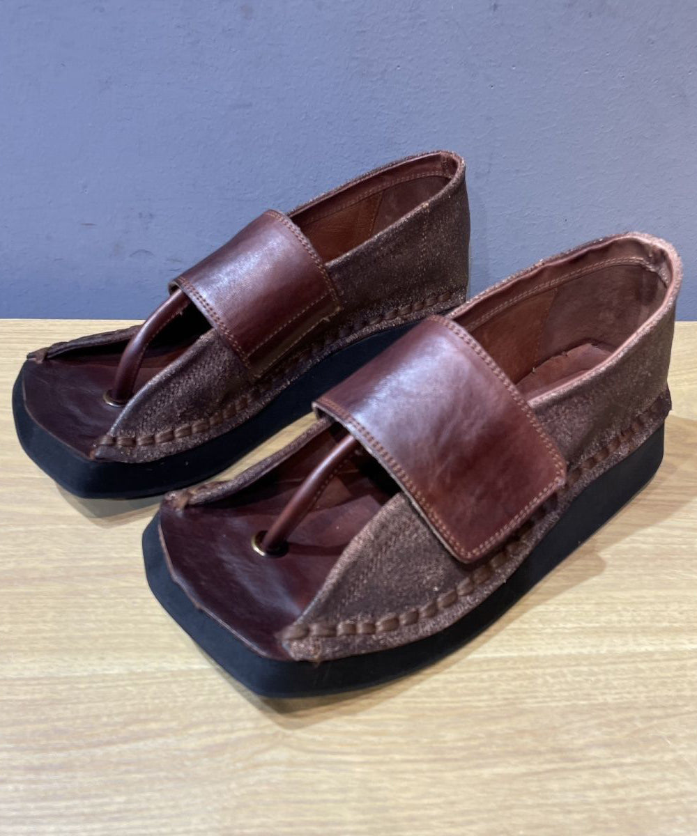 Chocolate Wedge Flip Flops Cowhide Leather Unique Splicing