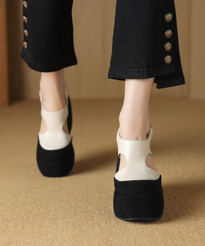Fashion Splicing Platform Sandals White Cowhide Leather Hollow Out