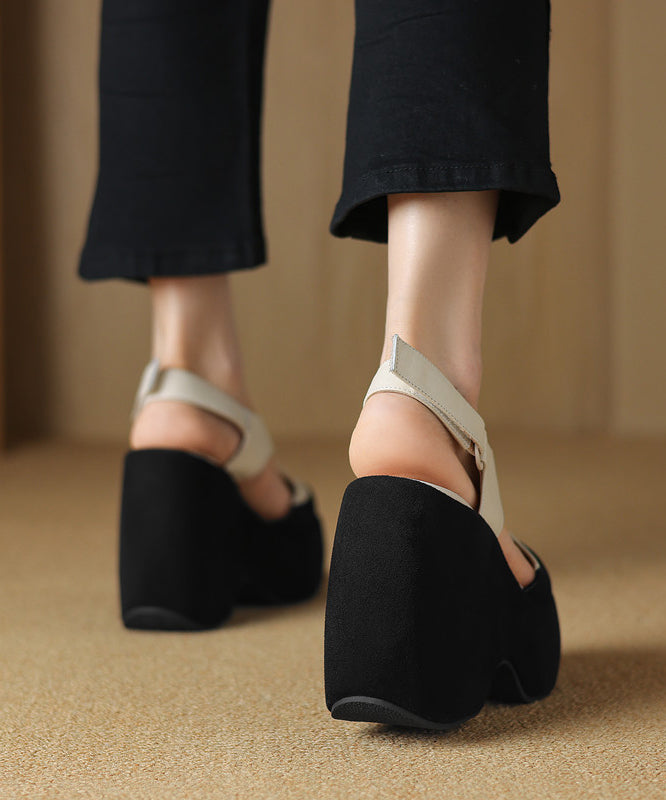 Fashion Splicing Platform Sandals White Cowhide Leather Hollow Out