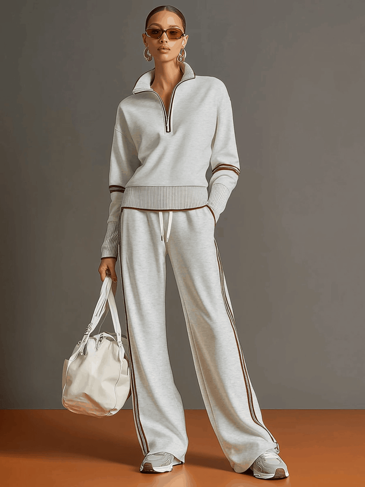 Michelle | Retro Sporty Webbing Half-zip Sweatshirt And Wide-leg Pants Set