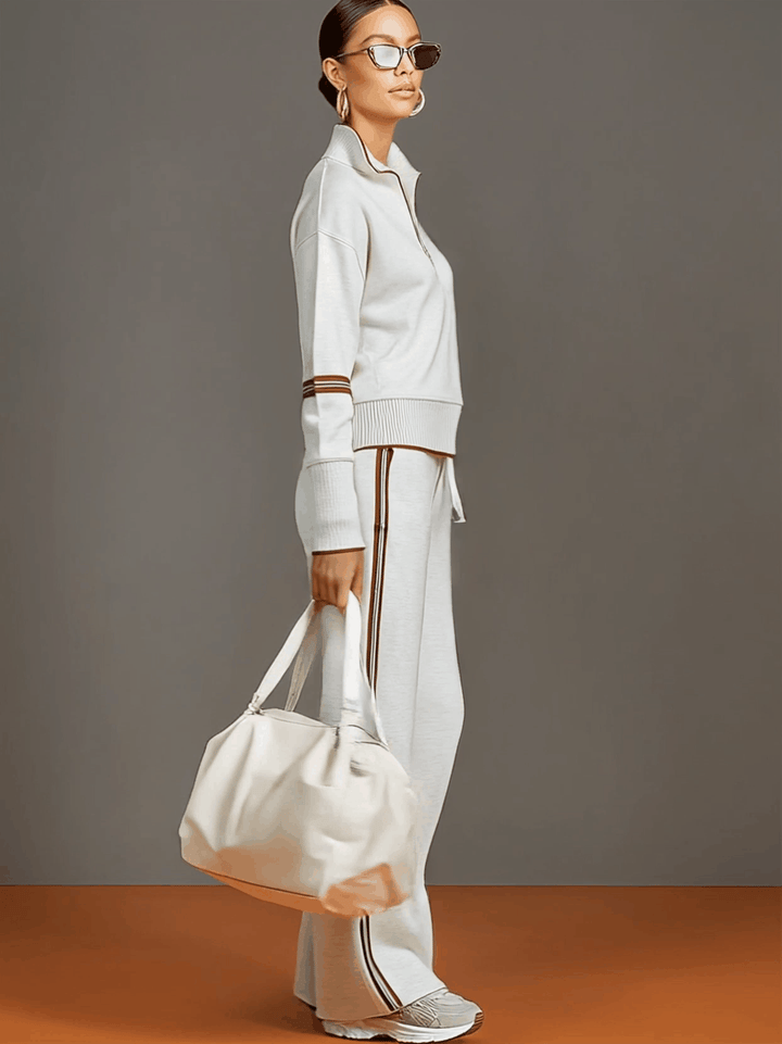 Michelle | Retro Sporty Webbing Half-zip Sweatshirt And Wide-leg Pants Set