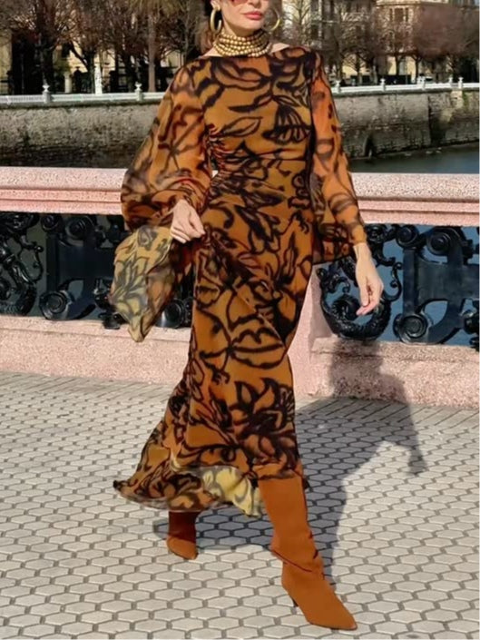 Sarah | Brown long Timeless Evening dress with wide sleeves