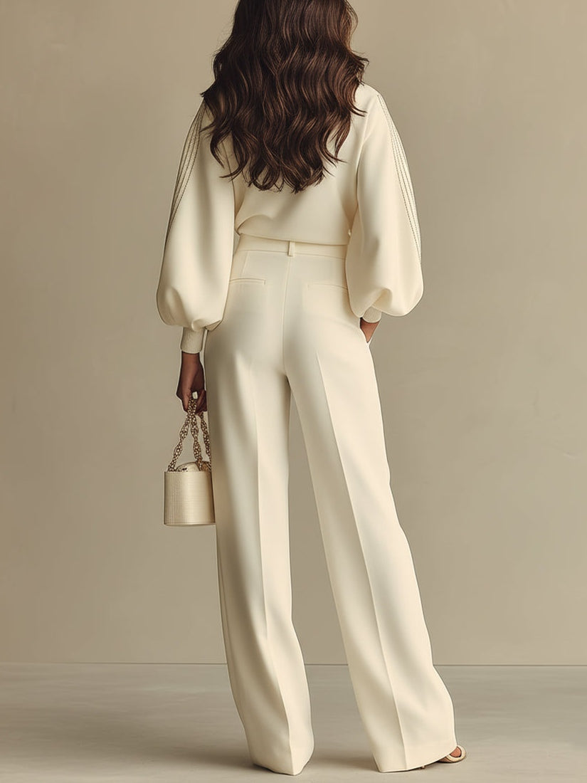 Laura | Ivory Ribbed Crew Neck Top And High-waisted Wide-leg Pants Suit