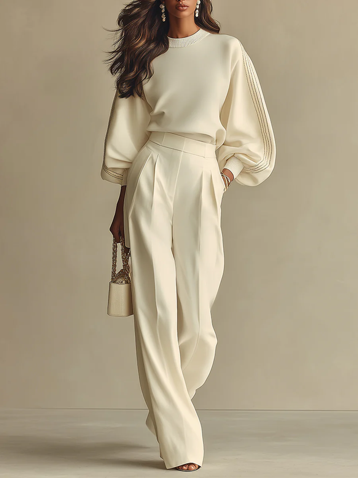 Laura | Ivory Ribbed Crew Neck Top And High-waisted Wide-leg Pants Suit