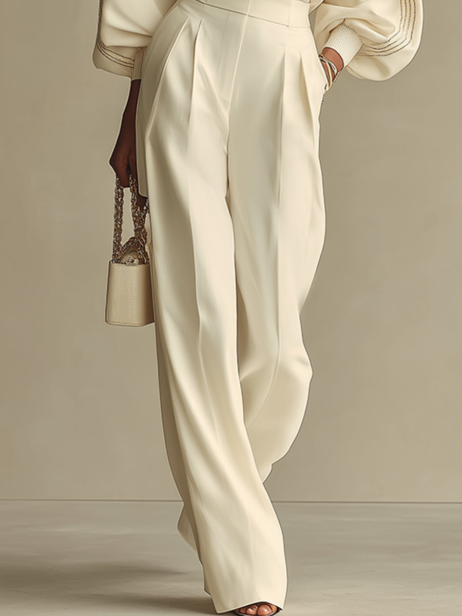 Laura | Ivory Ribbed Crew Neck Top And High-waisted Wide-leg Pants Suit