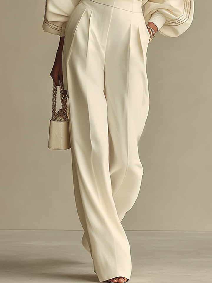 Laura | Ivory Ribbed Crew Neck Top And High-waisted Wide-leg Pants Suit