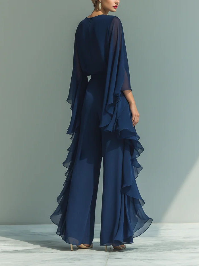 Emily | Chiffon Bell-sleeve Top And Ruffled Straight-leg Pants Set