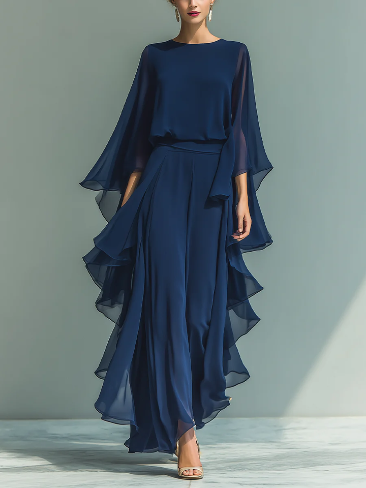 Emily | Chiffon Bell-sleeve Top And Ruffled Straight-leg Pants Set