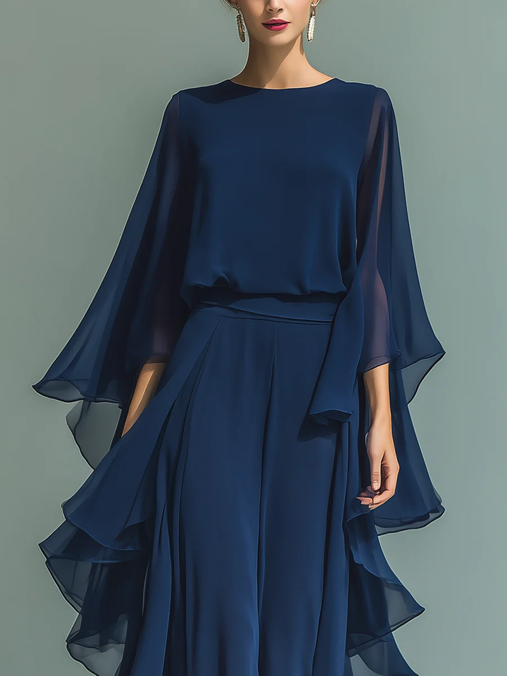 Emily | Chiffon Bell-sleeve Top And Ruffled Straight-leg Pants Set