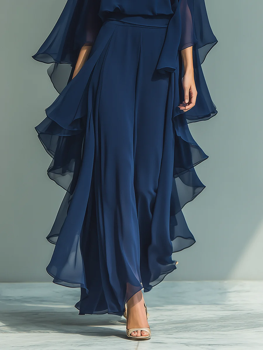 Emily | Chiffon Bell-sleeve Top And Ruffled Straight-leg Pants Set