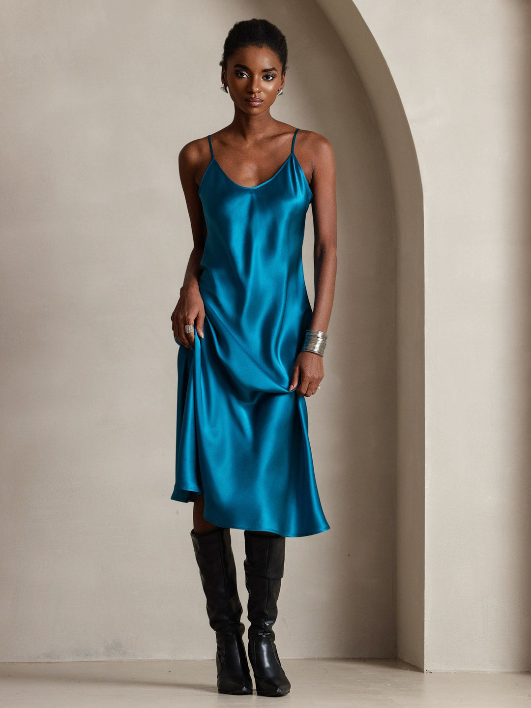 Rachel | Spaghetti Strap Silk Midi Dress