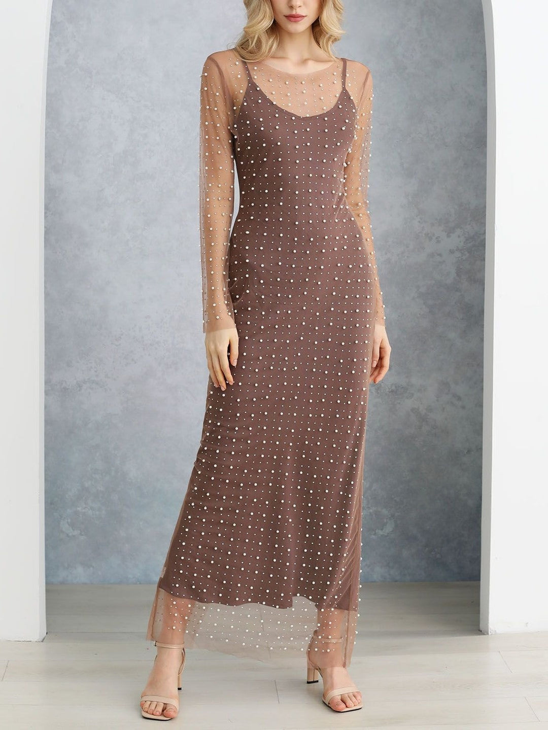 Beverly | Pearl-Embellished Mesh Maxi Dress
