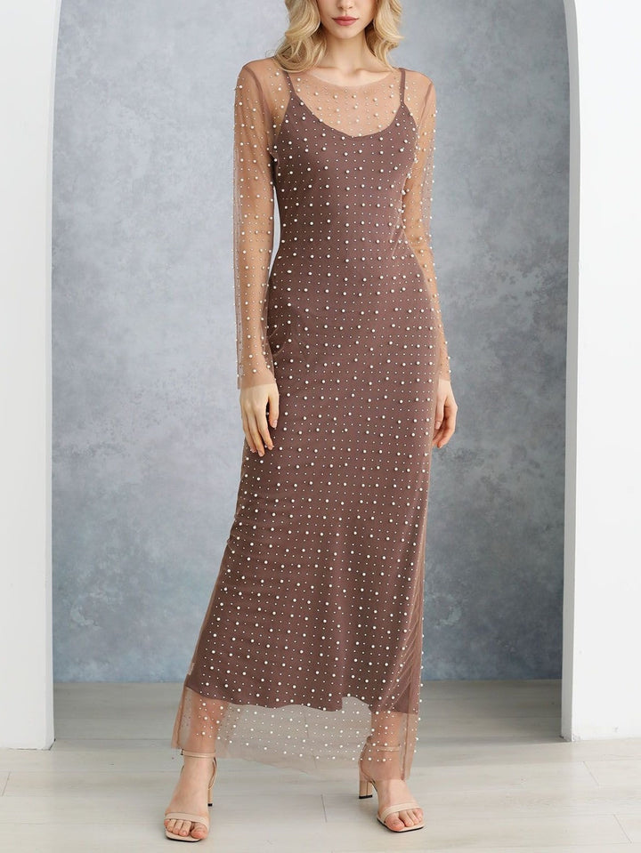 Beverly | Pearl-Embellished Mesh Maxi Dress