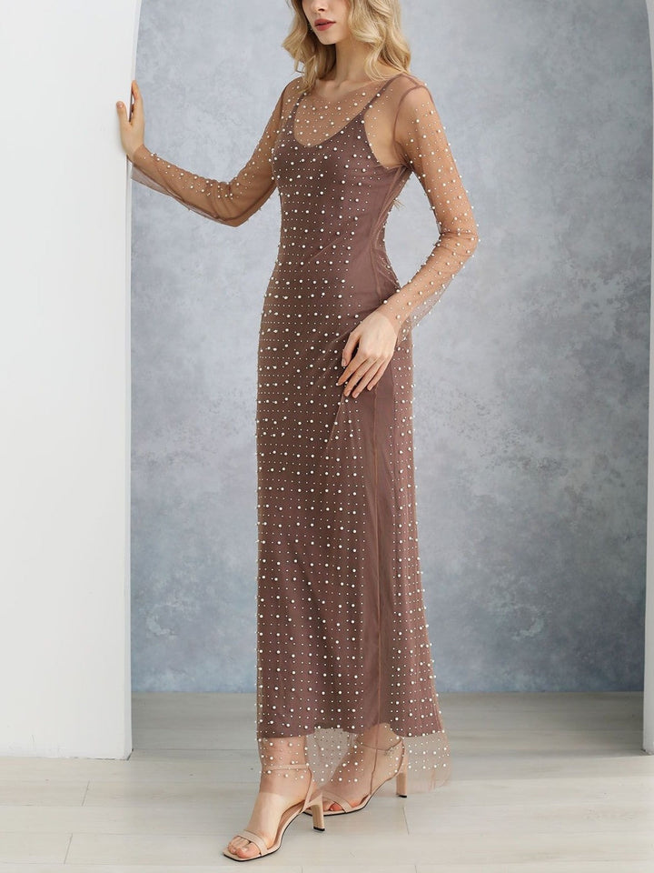 Beverly | Pearl-Embellished Mesh Maxi Dress
