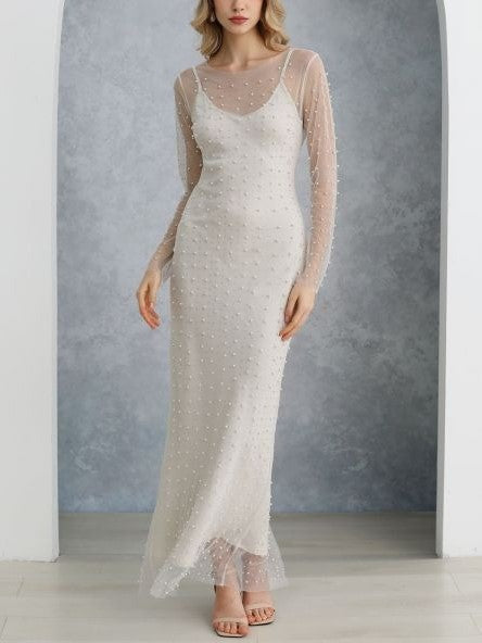 Beverly | Pearl-Embellished Mesh Maxi Dress