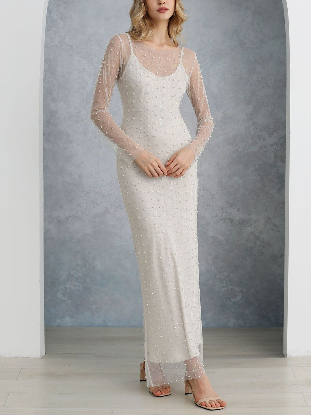 Beverly | Pearl-Embellished Mesh Maxi Dress
