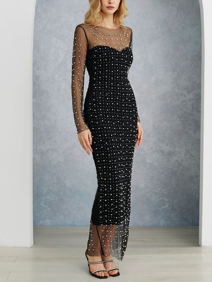 Beverly | Pearl-Embellished Mesh Maxi Dress