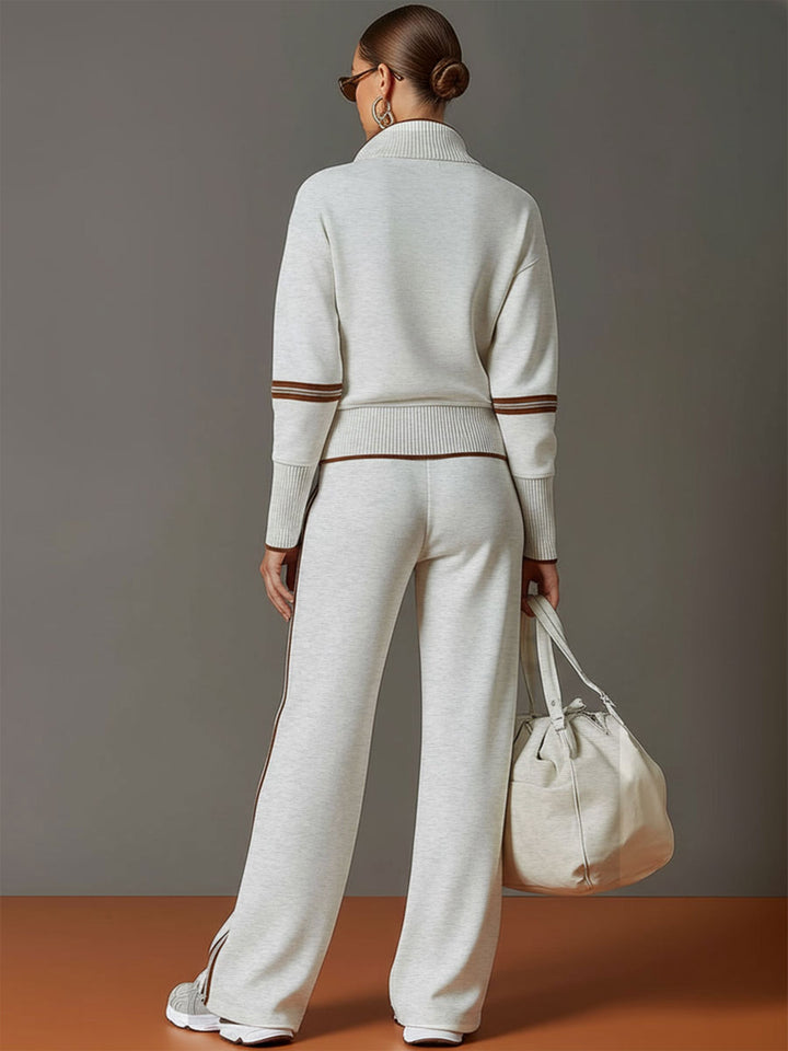 Michelle | Retro Sporty Webbing Half-zip Sweatshirt And Wide-leg Pants Set