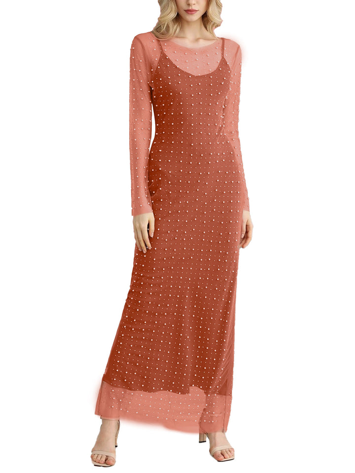 Beverly | Pearl-Embellished Mesh Maxi Dress
