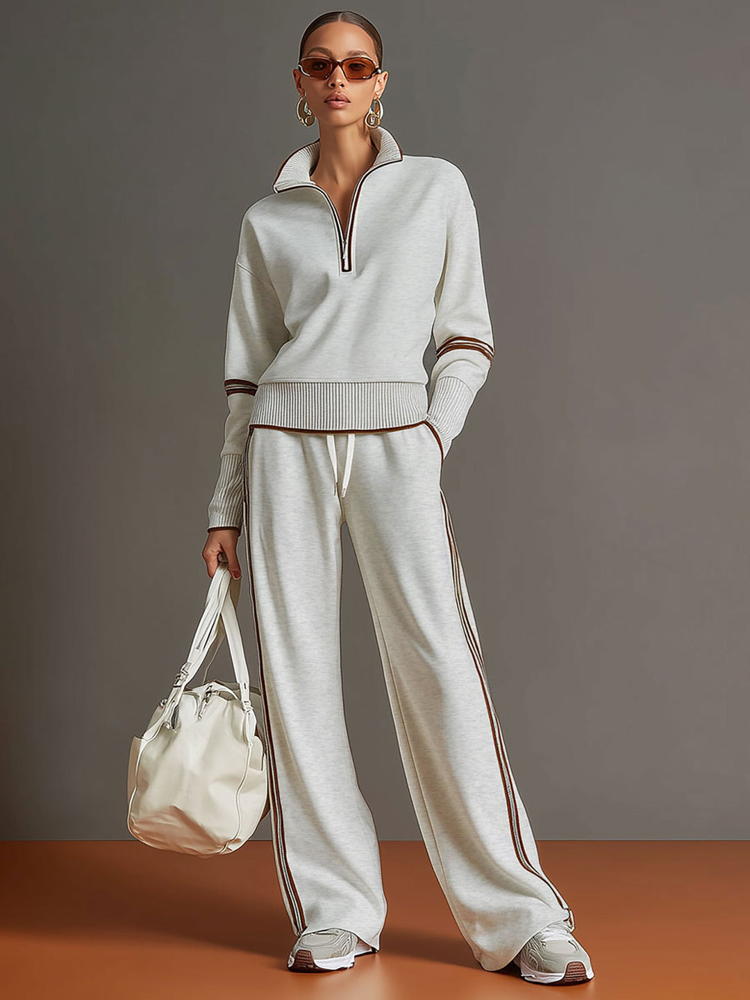 Michelle | Retro Sporty Webbing Half-zip Sweatshirt And Wide-leg Pants Set