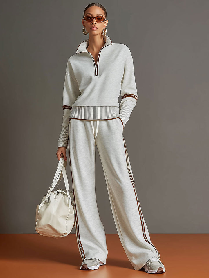 Michelle | Retro Sporty Webbing Half-zip Sweatshirt And Wide-leg Pants Set
